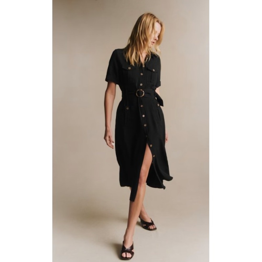 Sézane Robe Raquel Black Belted Button Front Shirt Dress Midi Size 14 / 46